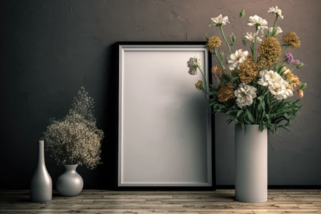 Mock-up of a poster with a vertical frame on the ground and flowers in a vase against a gray living room wallの素材