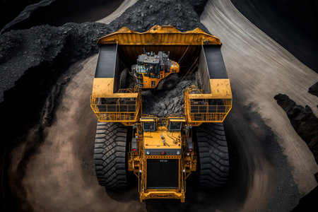 aerial panorama of a coal mine. Big yellow mining truck for a coal quarry in an open pit mine. Anthracite mining is open coal mining. Pit on open air coal mining. putting rocks into trucksの素材