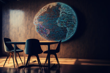 Background research and development idea with an abstract programming language hologram and a globe map on a contemporary conference room wallの素材