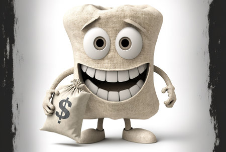 Character mascot White Tooth Person linked to a rustic canvas or linen money bag bearing the dollar symbol on a white backdropの素材