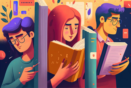 Concept of education. Student researching and coming up with campus ideas close up of pupils examining books or textbooks for their topic. selective attentionの素材