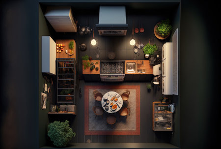 Dark kitchen interior seen from above with appliances a deck an oven with a burner a spoon and a dish. cooking area in a contemporary flatの素材