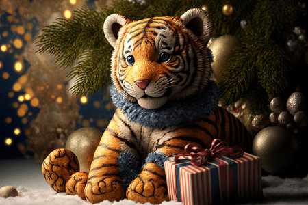 Christmas artwork using a tiger toy as a representation of a fresh gift and decorations Winter Christmas New Yearの素材