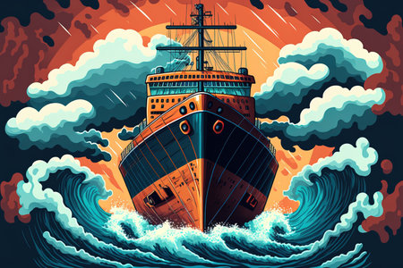 Bright midday a large thunderstorm in the middle of the ocean a flipping rotating and twisting cargo ship enormous waves black clouds wings water splashes and orangeの素材