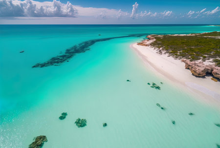 Drone shot taken in Providenciales Turks & Caicos shows Grace Bay beach. You can see some jet skies a Caribbean blue sea and undersea rocksの素材