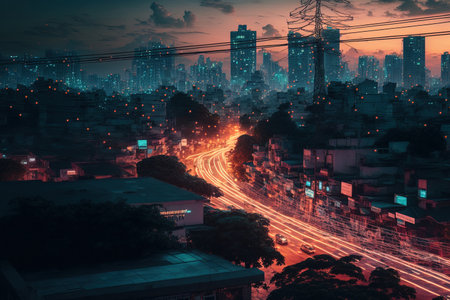 Concept of a wireless communication network and a smart city. Digital network connections in the city of Hanoi at dusk. West of Hanoi is Cau Giay Parkの素材