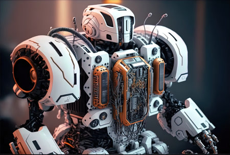 Equipment for mining bitcoin ether and other cryptocurrencies closeup of a realistic robot or white cyber armor video cards and motherboards.の素材