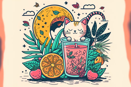 Doodle cartoon style adorable cat figure design in a smoothie and drink for a beach party and summer vacationの素材
