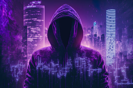 Data hacking concept with a hacker in a hoodie standing on an abstract glowing pixel wall against a background of a blurry metropolisの素材