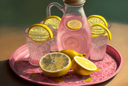 Close up of a drink tray with four little glass bottles a pitcher and lemon slices with freshly squeezed pink lemonade with pink swirlsの素材