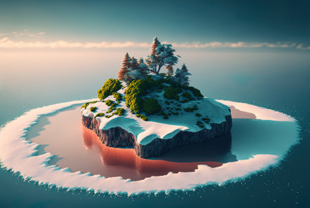 Background in travel and leisure. with a stunning island and sea cut. Little island alone in the snowの素材