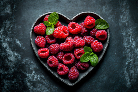 Flavorful raspberries in a heart shaped dish on a background of grey asphalt and wicker placemats flat layの素材
