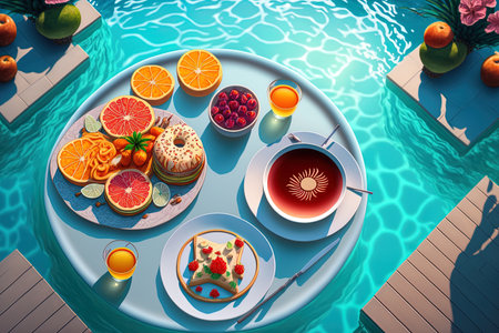 Floating breakfasts on the pool are common at opulent tropical resorts. By the resort pool a table with a fruit plate and nutritious breakfast is resting on the tranquil pool water. Beachfront luxuriの素材