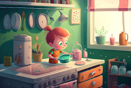 Animated animation showing a little child doing dishes in the kitchen. Concept of children doing tasks at homeの素材