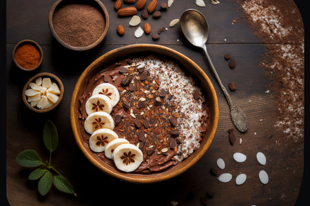 Top view of a coconut bowl holding a chocolate smoothie bowl with oats. Concept for a healthy vegan dietの素材