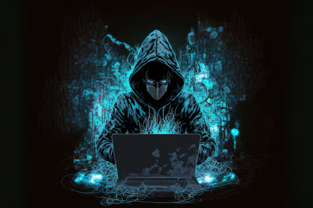 Laptops are used by hackers in the dark. information espionage and the idea of information security in the internet networkの素材