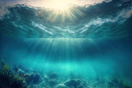 Summertime ocean under the surface in crystal clear water with a surface sunray for background concept designの素材