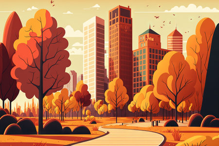 City skyline autumn colored skyscrapers in the backdrop a yellow grass and a tiled walkway. Autumn cityscape residential architecture in the downtown area scenic panorama and cartoon illustratioの素材
