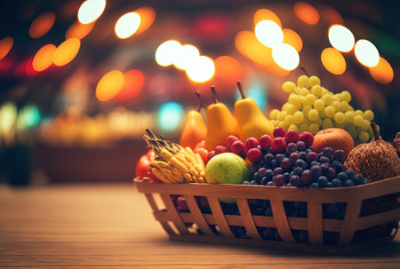 Colorful fruits in a display basket at a supermarket defocused backdrop and bokeh lighting on an empty wood table topの素材