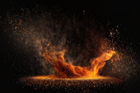 Fire embers particles over black background. Fire sparks background. Abstract dark glitter fire particles lights. bonfire in motion blurの素材