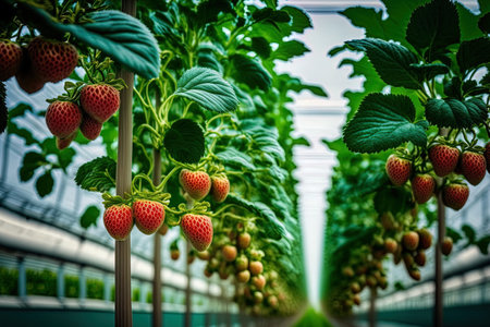 Strawberry trees. Strawberries in red are on the branches. an eco farm. selective attention. Strawberry growing with modern tech in a greenhouse. Hydroponically equipped agricultural greenhouse with sの素材