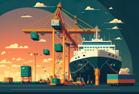 In the international terminal logistic depot sea port idea for freight shipping transportation and service a smart crane is loading goods with a smart line and a smart wifiの素材