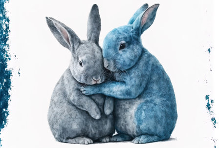 Two adorable blue easter rabbits cuddling each other in a watercolor drawing. Hares adore one another a painting for young people. alone against a white backdrop. manually createdの素材