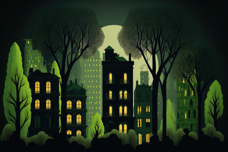 cityscape with trees around the residences and structures. landscape at night with vegetation and buildings. residences and city streets at night. residential structures and green space in the cityの素材