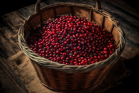 choosing ripe cherry beans for coffee Close up of red berry coffee beans in a basket of freshly roasted beansの素材