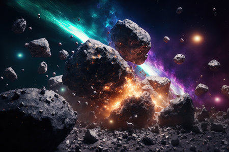 rocks and debris swarm traveling across space asteroids in a belt of massive metallic asteroids in a cosmic backgroundの素材
