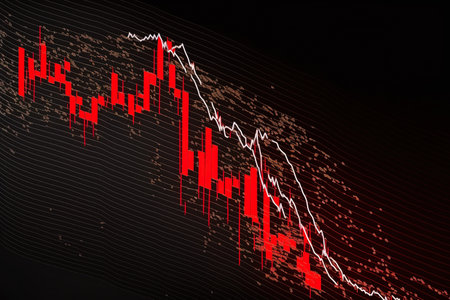 When the price of bitcoins crashes prices and trading volume in the stock market both decline for any risk with a red trading price graph chart. Concept of a bitcoin price fallの素材