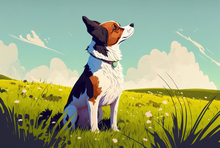 a dog standing in a meadow and gazing forward from the front. lovely dog standing on a field of grassの素材