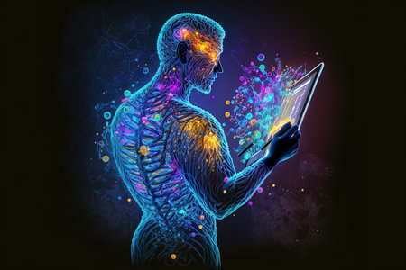 Vibrant DNA molecule in abstraction. Using a tablet the doctor examines the human chromosome DNA using a virtual interface. Medicine. the fields of medicine and biotechnologyの素材