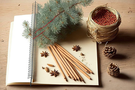 a top view pine tree limbs putting cinnamon sticks in a straw fennel seeds christmas tree balls in white a notebook with a blue red coverの素材