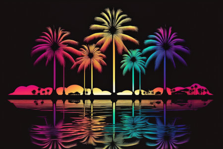 Tropical palm tree silhouettes against an abstract neon lit background. Illustration of palm trees reflected in the lakeの素材