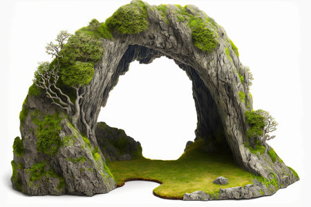 cut out woodland arch made of natural rock. Isolated stone arch against a white background. Old boulder and moss covered cave entranceの素材
