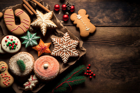 On a wooden table background merry Christmas with baked cookies. Christmas holiday party and happy new year themeの素材