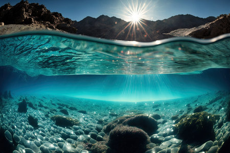 picture of a sea with crystal clear water transparent sea lake or ocean water. Sunlight causes water to rippleの素材