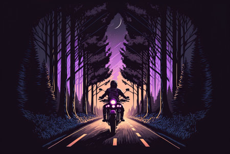 a motorcycle traveling on a woodland road while using lights. riding a motorbike trip at dusk on a deserted road. use copyspace for your specific textの素材