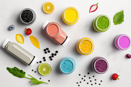 Top view banner of colorful smoothie bottles complete with a variety of fresh ingredients and a blender set on a white wooden background. Conceptualization of a dietary plan based on a healthy lifesの素材