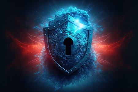 concept of cyber security. keyhole shaped shield on a digital data background. illustrates the concept of information privacy or cyber data security. hi speed internet technology in a blue abstractの素材