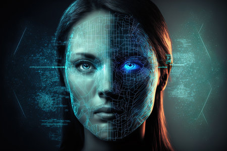 female programmer using virtual screen digital remix to scan her face with biometric security technologyの素材