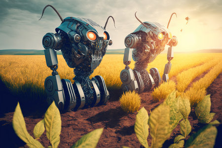 artificial intelligence (AI) artificial intelligent robots working in smart agriculture increasing productivity efficiency speed and timeの素材