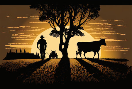 cow being plowed by a farmer in a field in a stock silhouette as dusk falls. graphic depiction of a rural lifestyleの素材