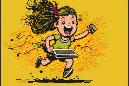 run and leap young girl student holding computer amusing student with laptop isolated on yellow backgroundの素材