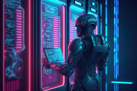 Employee of a cyber security firm creating blockchain-based database processing system. In order to safeguard mainframe encrypted files a cybernetic officer is developing machine learning softwareの素材