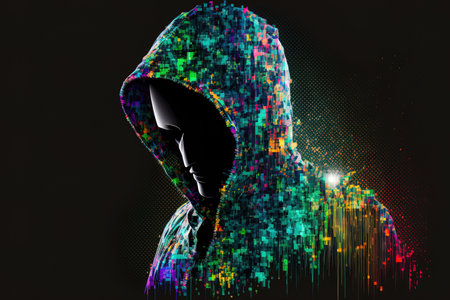 shadow crime on the dark web Internet hologram of a digital hacker concealed in computer space launching a hacker virus attackの素材