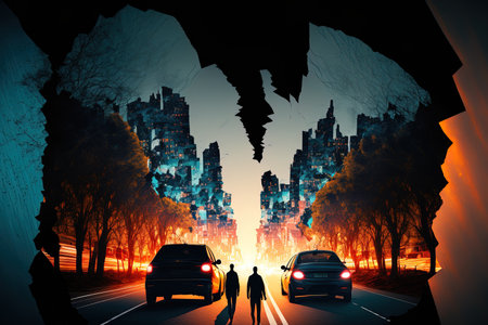 Road safety and insurance idea with massive silhouette damage after collision on city street and silhouettes of people at nightの素材