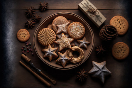 On a wooden table background merry Christmas with baked cookies. Christmas holiday party and happy new year themeの素材