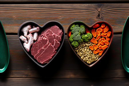 Panorama banner of healthy fresh ingredients for pet food in individual heart shaped bowls viewed from overhead with chopped raw beef liver and chicken mixed vegetables and rains on rustic woodの素材